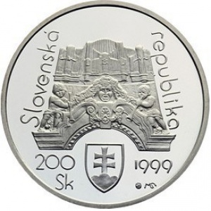 Аверс монеты Словакия, 200 крон, 1999, 50 лет Словацкому филармоническому оркестру