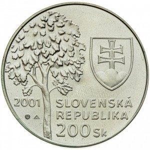 Аверс монеты Словакия, 200 крон, 2001, 80 лет со дня рождения Александра Дубчека