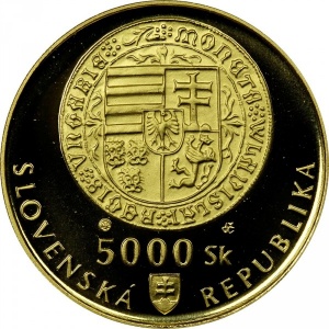 Аверс монеты Словакия, 5000 крон, 1999, 500 лет штамповке первого талера на монетном дворе в Кремнице