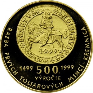 Реверс монеты Словакия, 5000 крон, 1999, 500 лет штамповке первого талера на монетном дворе в Кремнице