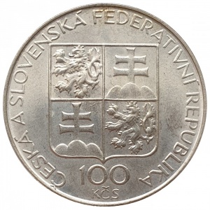 Аверс монеты Словакия, 100 крон, 1993, 1000 лет Бржевновскому монастырю