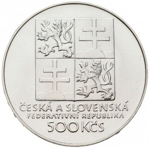 Аверс монеты Словакия, 500 крон, 1993, 100 лет теннису в Чехословакии