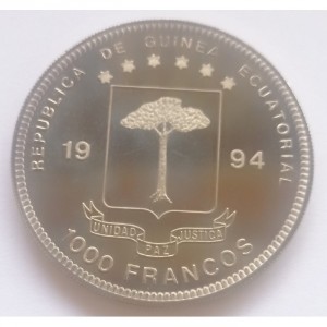 Аверс монеты Экваториальная Гвинея, 1000 франков, 1993-1994, Динозавры Юрского периода - Аллозавр
