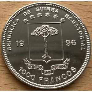 Аверс монеты Экваториальная Гвинея, 1000 франков, 1996, 100 лет Олимпийским играм, Токио 1964