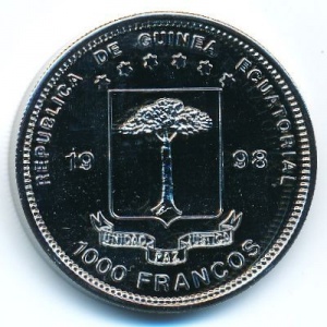 Аверс монеты Экваториальная Гвинея, 1000 франков, 1998, 100 лет Олимпийским играм, Амстердам 1928