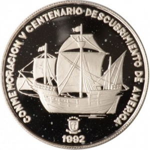 Реверс монеты Экваториальная Гвинея, 7000 франков, 1991, Открытие Америки
