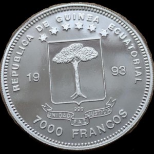 Аверс монеты Экваториальная Гвинея, 7000 франков, 1993, Динозавры Юрского периода - Диплодок