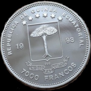 Аверс монеты Экваториальная Гвинея, 7000 франков, 1993, Динозавры Юрского периода - Стегозавр