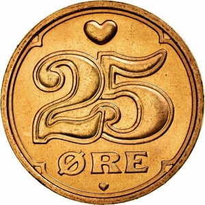 Реверс монеты Дания, 25 эре, 1990-2008