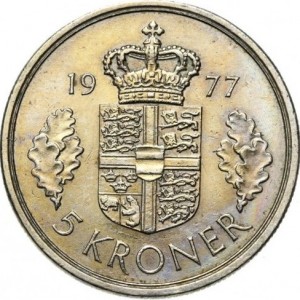 Реверс монеты Дания, 5 крон, 1973-1988