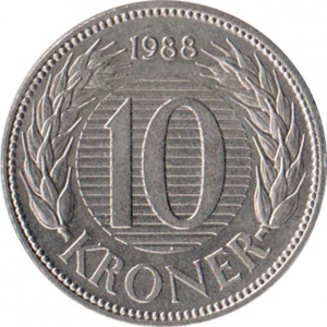 Реверс монеты Дания, 10 крон, 1979-1988