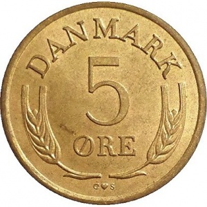 Реверс монеты Дания, 5 эре, 1960-1972