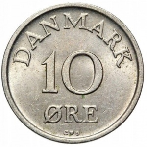 Реверс монеты Дания, 10 эре, 1948-1960
