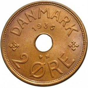 Реверс монеты Дания, 2 эре, 1926-1940