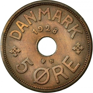 Реверс монеты Дания, 5 эре, 1927-1940