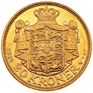 Реверс монеты Дания, 20 крон, 1913-1931