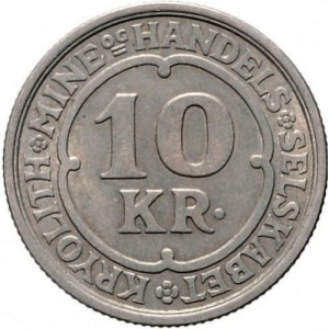 Реверс монеты Дания, 10 крон, 1922, Криолитовые шахты Ивигтут /Медно-никелевый сплав/
