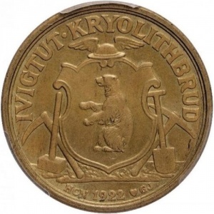 Аверс монеты Дания, 10 крон, 1922, Криолитовые шахты Ивигтут /Алюминиевая бронза/