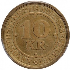 Реверс монеты Дания, 10 крон, 1922, Криолитовые шахты Ивигтут /Алюминиевая бронза/