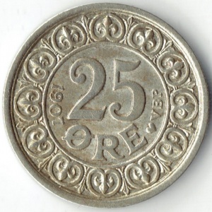 Реверс монеты Дания, 25 эре, 1907-1911