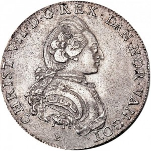 Аверс монеты Дания, 1 спесие далер, 1769, Король Кристиан VII на аверсе