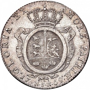 Реверс монеты Дания, 1 спесие далер, 1769, Король Кристиан VII на аверсе
