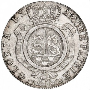 Реверс монеты Дания, 1 спесие далер, 1769, Монограмма на аверсе