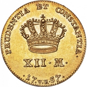 Реверс монеты Дания, 12 марок, 1757-1758, Фредерик V со шлемом на аверсе