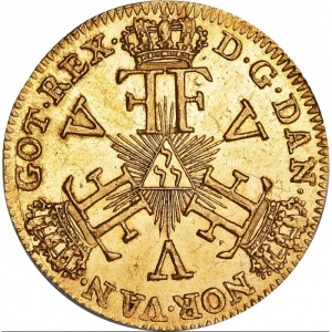 Аверс монеты Дания, 12 марок, 1757-1763, Монограмма "FF" на аверсе
