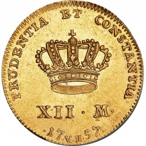 Реверс монеты Дания, 12 марок, 1757-1763, Монограмма "FF" на аверсе