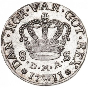 Реверс монеты Дания, 8 скиллингов, 1711-1713