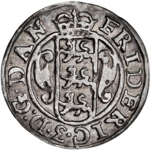 Аверс монеты Дания, 2 скиллинга, 1664-1665, Narrow shield with strange ornaments on obverse