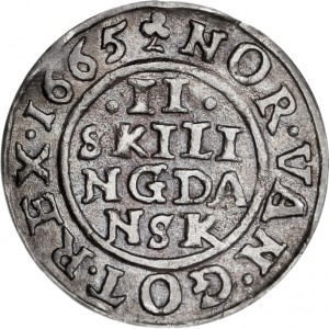 Реверс монеты Дания, 2 скиллинга, 1664-1665, Narrow shield with strange ornaments on obverse