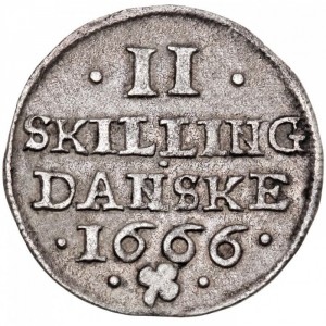 Реверс монеты Дания, 2 скиллинга, 1665-1666, Монограмма "F3" на аверсе