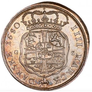 Реверс монеты Дания, 1 крона, 1680, Стоящая фигура Кристиана V на аверсе