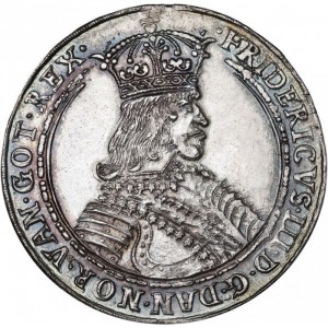 Аверс монеты Дания, 1 спесие далер, 1649, Большой щит и 13 маленьких щитов на реверсе