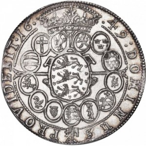 Реверс монеты Дания, 1 спесие далер, 1649, Большой щит и 13 маленьких щитов на реверсе