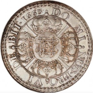 Реверс монеты Дания, 1 спесие далер, 1663, Корона над скрещенными скипетром и мечом на аверсе