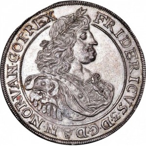 Аверс монеты Дания, 1 спесие далер, 1667, Длинное имя "FRIDERICVS...", дата по бокам герба