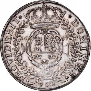Реверс монеты Дания, 1 спесие далер, 1667, Длинное имя "FRIDERICVS...", дата по бокам герба