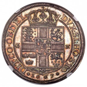 Реверс монеты Дания, 1 спесие далер, 1667, Короткое имя: "FRID III..."