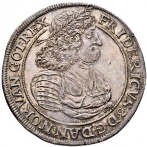 Аверс монеты Дания, 1 спесие далер, 1667, Длинное имя: "FRIDERICVS...", дата в конце легенды