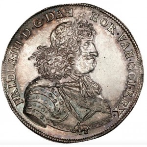 Аверс монеты Дания, 1 спесие далер, 1669, Бюст разделяет надпись внизу, без даты