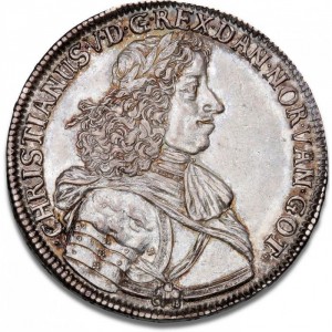 Аверс монеты Дания, 1 спесие далер, 1670, Бюст Кристиана V на аверсе, бюст Фредерика III на реверсе