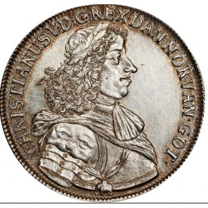 Аверс монеты Дания, 1 спесие далер, 1670, Бюст Кристиана V на аверсе, герб на реверсе