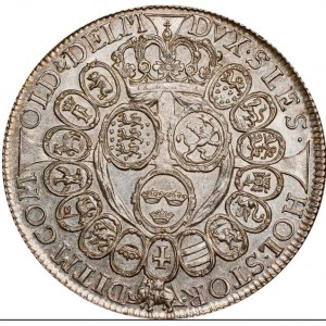 Реверс монеты Дания, 1 спесие далер, 1670, Бюст Кристиана V на аверсе, герб на реверсе