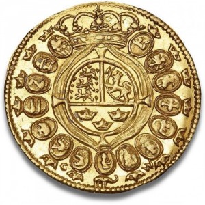Реверс монеты Дания, 1 дукат, 1690, Герб окружен 15 маленькими гербами на реверсе