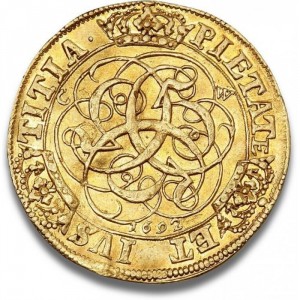 Реверс монеты Дания, 1 дукат, 1692, Кристиан V на лошади на аверсе