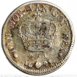 Реверс монеты Дания, 2 кроны, 1693-1696, Диаметр 25 мм