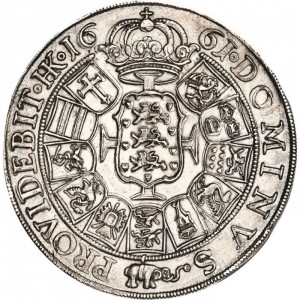 Реверс монеты Дания, 2 спесие далера, 1661, Слон между "S" и "P" на реверсе